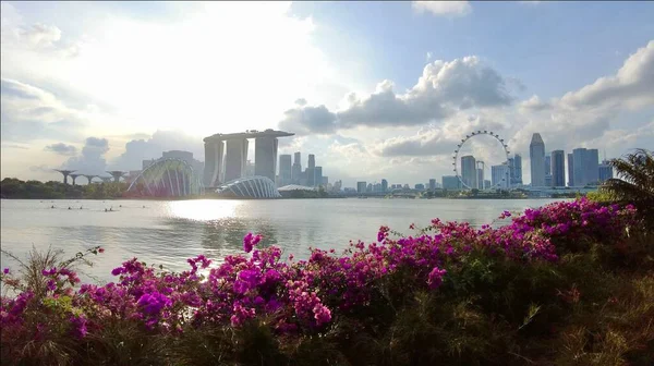 Vacker Utsikt Över Singapore City Skyline Morgonen Utsikt Över Marina Royaltyfria Stockfoton