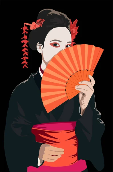 Porträt Einer Schönen Japanischen Geisha Traditionellen Kimono Mit Einem Fächer — Stockvektor