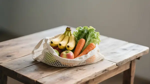 Taze organik meyve ve sebzelerle (muz, elma, havuç ve marul) dolu, doğal ışık ve yumuşak gölgeli kırsal ahşap bir masa üzerinde yeniden kullanılabilir bir pamuk ağı alışveriş torbası. 
