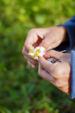 Kırsal kesimde elinde çiçek tutan genç bir kadın.
