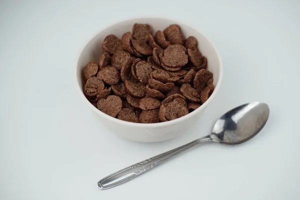 Bowl Chocolate Cereal Spoon White Background — Stock Photo, Image