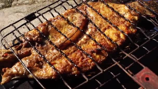 被给予特殊调味品的罗非鱼被烤好放在盘子里 看起来又好吃又新鲜 — 图库视频影像