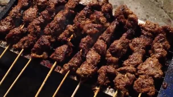 Beef Satay Grilled Given Special Spices Looks Delicious Appetizing — Stock Video