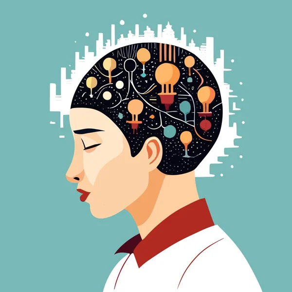 Kafası ampullerle dolu bir kadın ve arka planda bir şehir. Yenilik modern illüstrasyon.