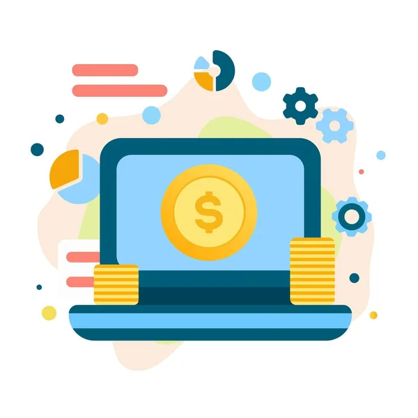 Üzerinde dolar işareti ve bozuk para olan dizüstü bilgisayar. İş illüstrasyon kavramı.