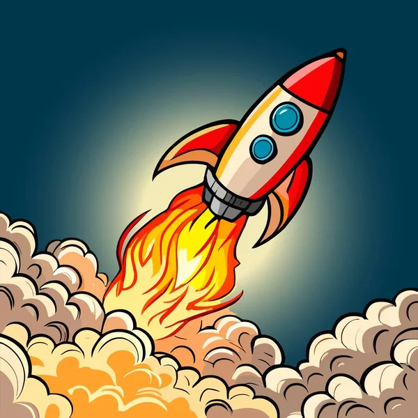 喷口喷出火焰和烟雾的火箭卡通画 — 图库矢量图片