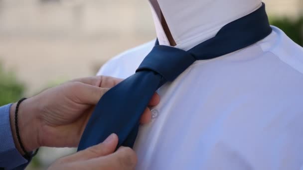 Eine Befreundete Hand Korrigiert Die Krawatte Des Bräutigams Hochwertiges Fullhd — Stockvideo