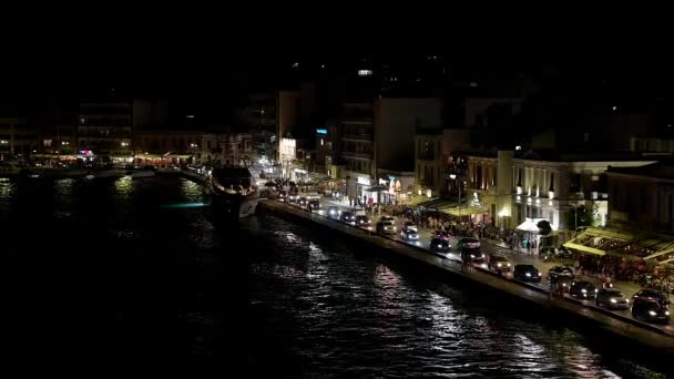 Nava Navigat Până Digul Insulei Chios Fotografiere Video Noapte — Videoclip de stoc