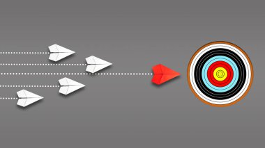 Gri zemin üzerinde kırmızı bir uçak tarafından yönetilen bir grup kağıt uçak hedefe doğru uçuyor. Liderlik kavramı, hedefe ulaşmak. Başarı. İş için. Yaşam tarzı. Arkaplan.