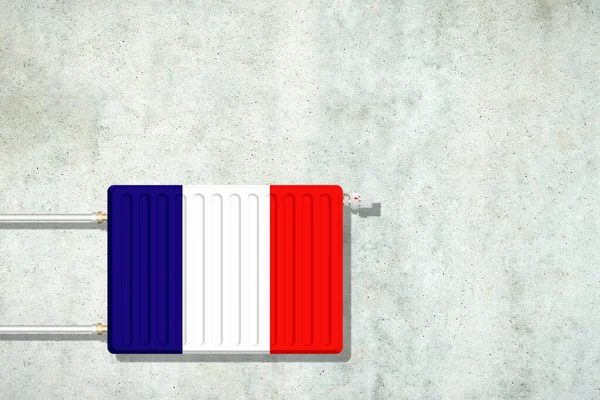 加热电池 用法国国旗的颜色在水泥墙上 复制空间 提高取暖价格 节省热量 能源危机 — 图库照片