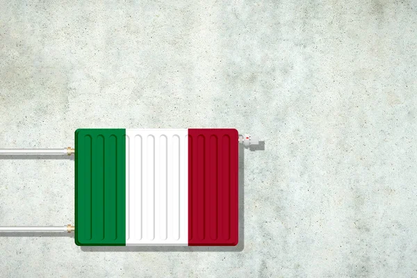 Heating battery, in the colors of the Italy flag on a concrete wall. Copy space. Raising heating prices. Heat saving. Energy crisis. Background.