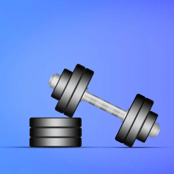 Dumbbell with disks on a blue, gradient background. Shadow. Copy space. Place for text. Sports equipment, gym, fitness. Sports background.