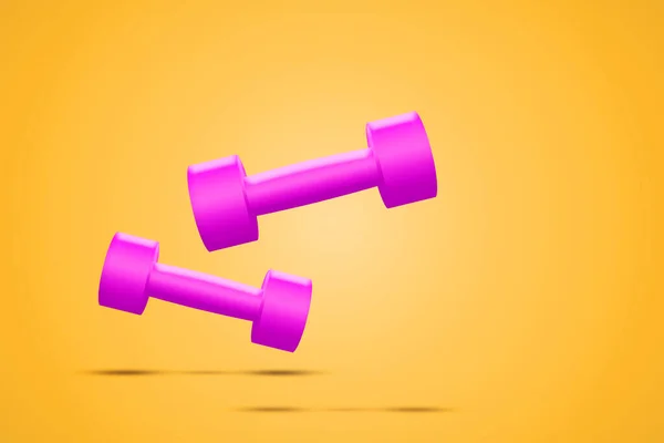 Małe Różowe Hantle Pomarańczowym Tle Sprzęt Sportowy Sport Tło Fitness — Zdjęcie stockowe