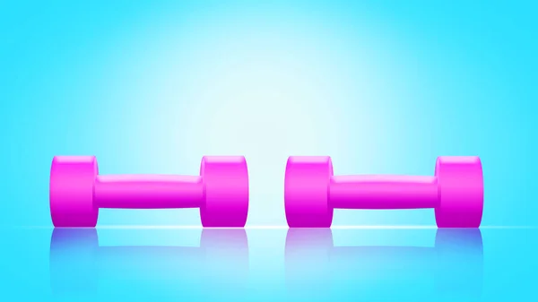 Маленькие Розовые Гантели Голубом Фоне Отражение Спортивное Оборудование Спорт Фитнес — стоковое фото