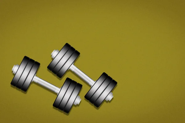 Two Dumbbells Green Background Top View Copy Space Place Text — Stock Photo, Image
