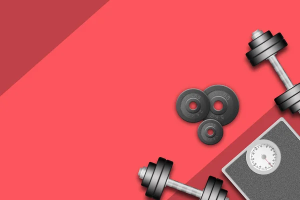 Scales Dumbbells Disks Different Weights Red Background Illustration Weight Loss — Stock Photo, Image