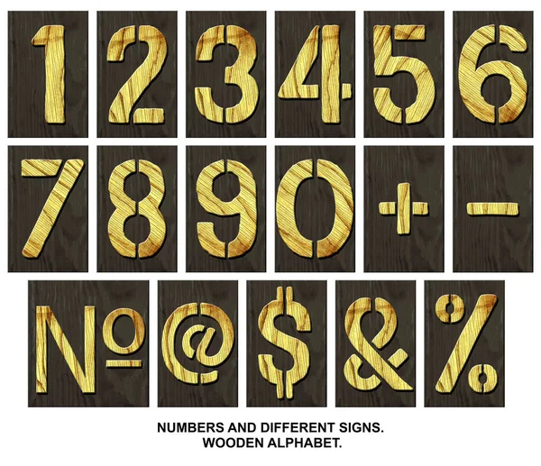 Různá Čísla Znamení Abeceda Vyrobená Dřevěných Písmen Tmavém Dřevěném Prkně — Stock fotografie