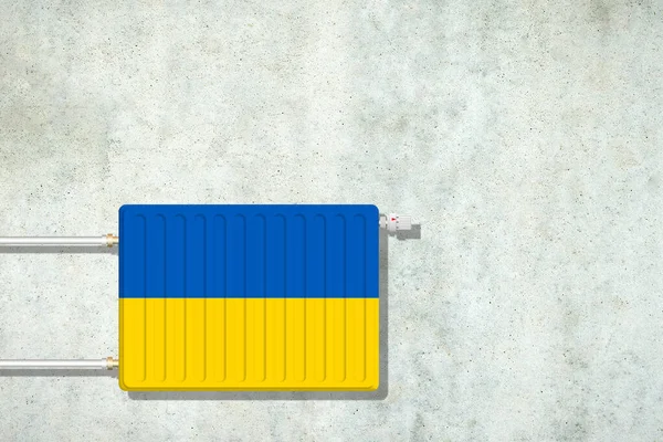 Θέρμανση Μπαταρία Στα Χρώματα Της Σημαίας Της Ουκρανίας Ένα Τσιμεντένιο — Φωτογραφία Αρχείου