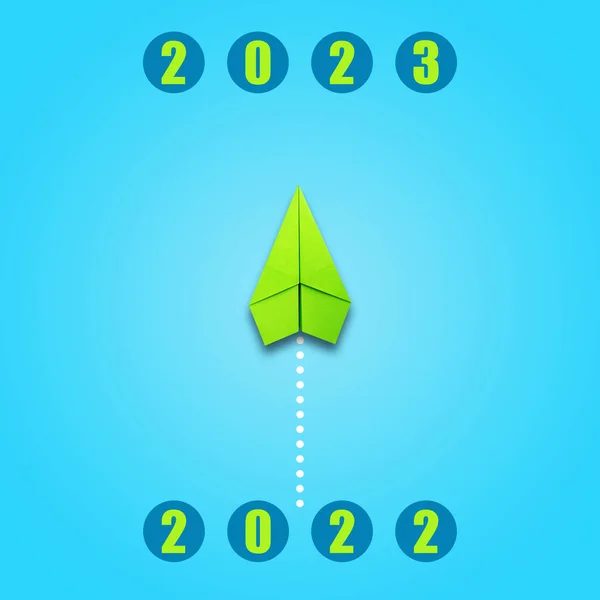 2022 2023 Papieren Vliegtuig Blauwe Achtergrond Kerst Achtergrond Advent Nieuwjaar — Stockfoto