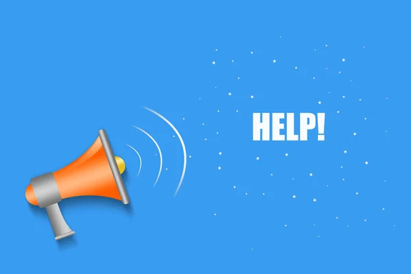 Help. Words and a megaphone on a bright blue background. Request for help. Business.Lifestyle. Background.