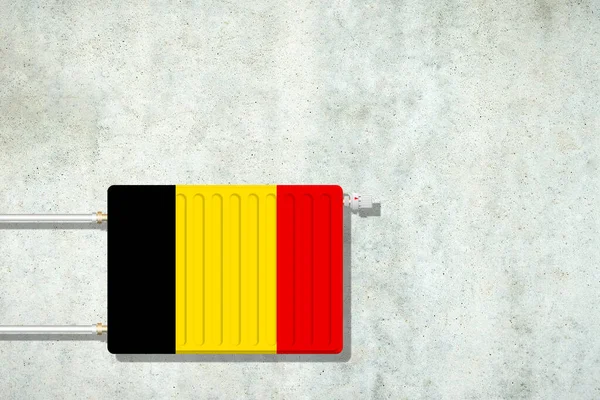 コンクリートの壁にベルギーの旗の色でバッテリーを加熱します コピースペース 暖房価格の上昇 節約だ エネルギー危機 — ストック写真