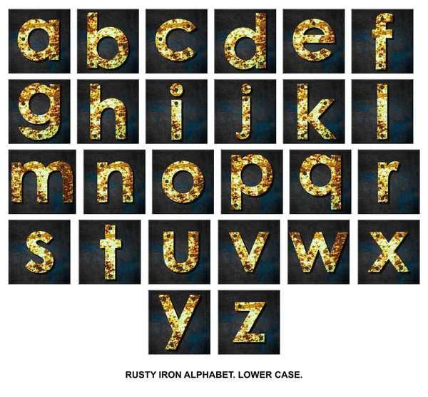 Kit Lower Case Alphabet Letters Rusty Iron Wooden Plank Isolated — Stock Photo, Image