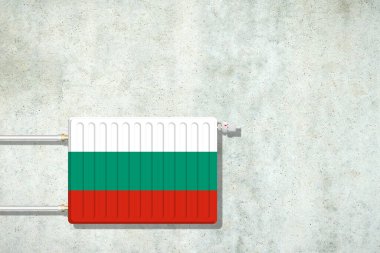 Beton bir duvarda Bulgar bayrağı renginde ısıtma bataryası. Uzayı kopyala Isıtma fiyatlarını yükseltiyorum. Isı tasarrufu. Enerji krizi. Arkaplan.