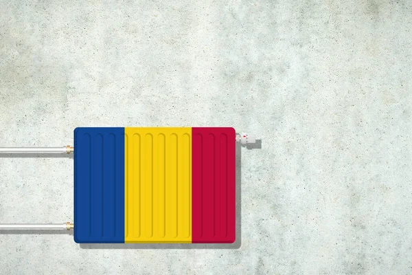 コンクリートの壁にルーマニアの旗の色でバッテリーを加熱します コピースペース 暖房価格の上昇 節約だ エネルギー危機 — ストック写真