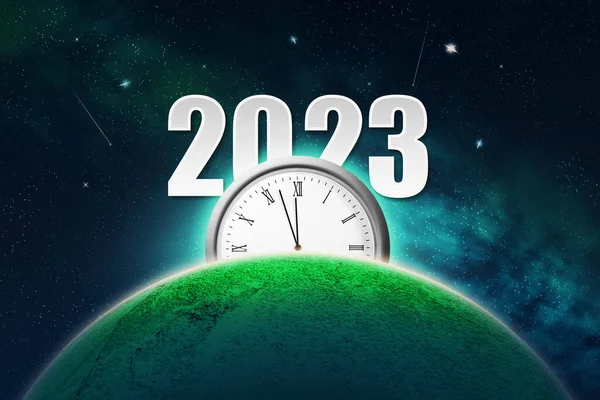 2023 Fundo Natal Abstrato Com Planeta Céu Cósmico Relógio Com — Fotografia de Stock