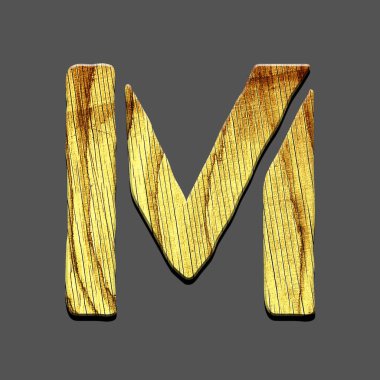 Tahtadan yapılmış M harfi alfabesi. Gri arka planda izole edilmiş. Eğitim. Tasarım ögesi.
