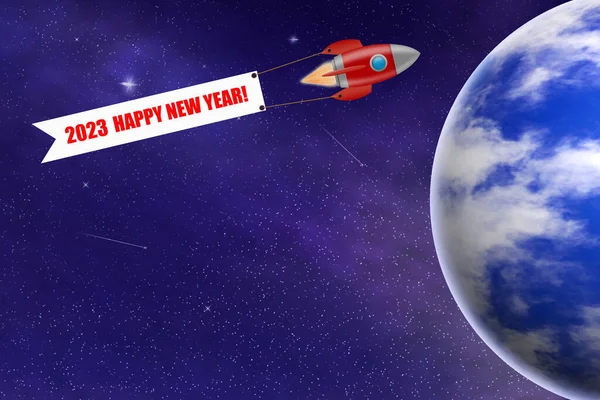 带着太空中的行星和挂着2023年新年快乐旗的火箭的圣诞背景 3D插图 摘要假日背景 图库照片