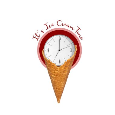 Ice cream in a waffle cone, with a clock, isolated on a white background. Ice cream time concept. Food. Dessert. Background.