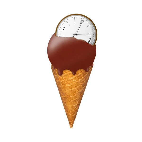 Sorvete Chocolate Cone Waffle Com Relógio Isolado Fundo Branco Conceito — Fotografia de Stock