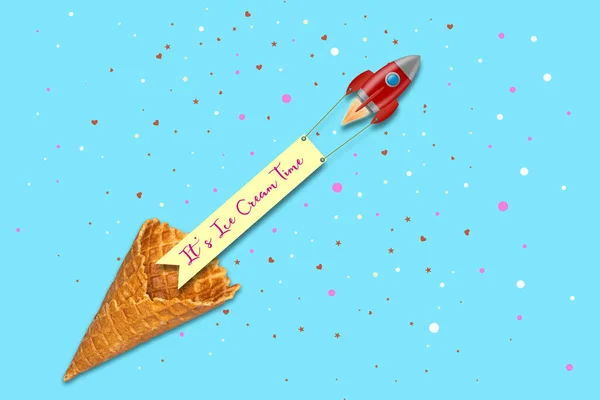Waffelkegel Und Eine Rakete Mit Dem Banner Ice Cream Time — Stockfoto