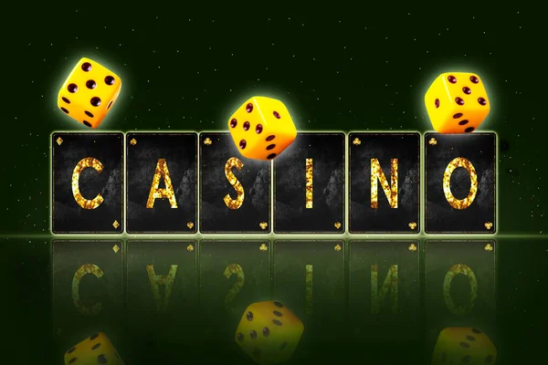 Casino Palavra Dados Sobre Fundo Preto Reflexão Conceito Casino Jogo — Fotografia de Stock