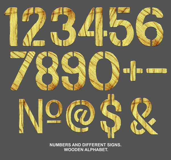Unterschiedliche Zahlen Und Zeichen Alphabet Aus Buchstaben Aus Holz Vereinzelt — Stockfoto