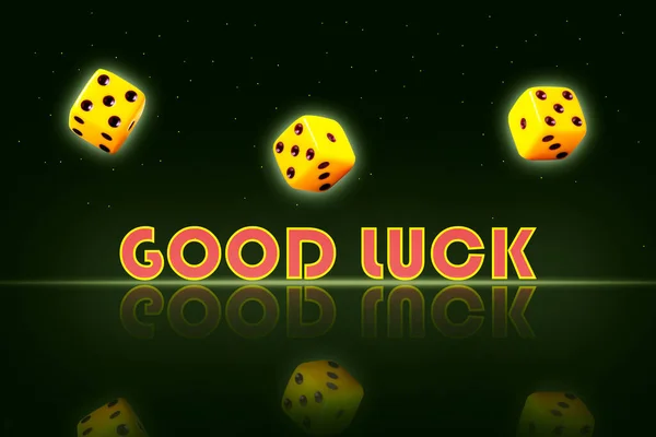 Good Luck, the word and dice, on a black background. Reflection. Casino concept. Gambling. Background.