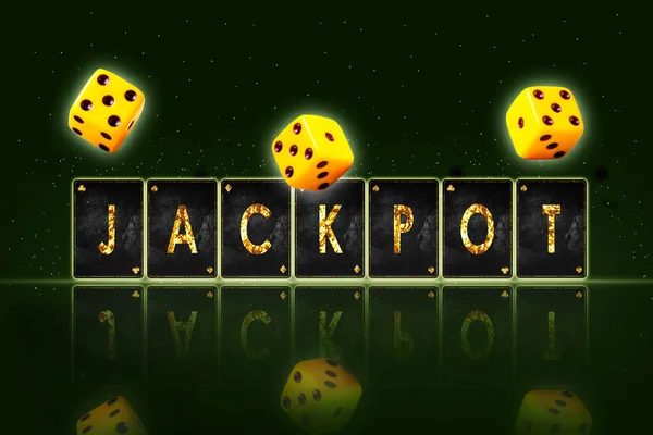 Jackpot Das Wort Und Würfel Auf Schwarzem Hintergrund Nachdenken Casino — Stockfoto