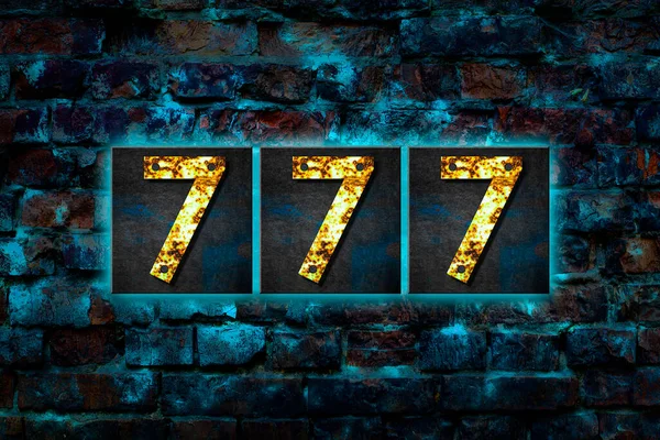 777. Digits made from rusty iron letters.On the vintage brick wall. Gambling, poker, Casino. Background.Design element.