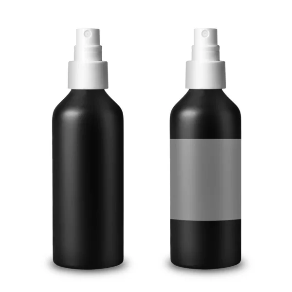 Plastic black cosmetic spray bottle, isolated on white background.With label and without. Packaging, storage, recycling. Object.
