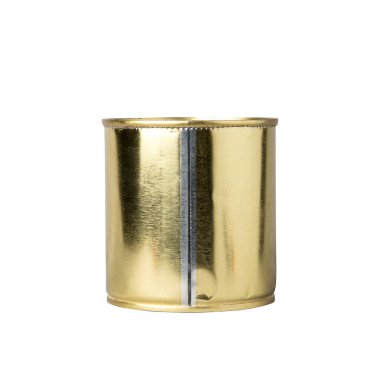 Sarı boş teneke kutu beyaz arkaplanda izole edilmiş. Nesneler.