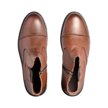 Erkek, kahverengi, deri çizmeli. Üst Manzara. Beyaz bir arka planda izole edilmiş. Güzellik ve moda. Arkaplan.