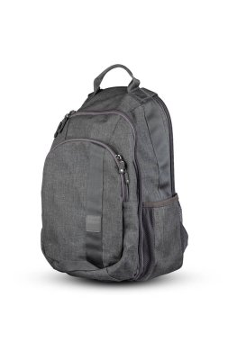 Gri kumaş sırt çantası. Beyaz bir arka planda izole edilmiş. Aksesuarlar. Moda. Tasarım nesnesi.