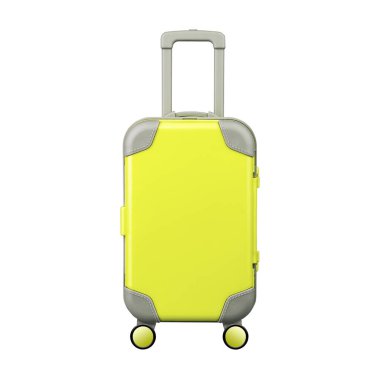 Tekerlekli sarı bavul. Beyaz bir arka planda izole edilmiş. Seyahatler. Nesne tasarla
