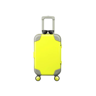 Tekerlekli sarı bavul, güneş gözlüğü. Beyaz bir arka planda izole edilmiş. Seyahatler. Tasarım nesnesi.
