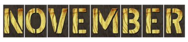 Kasım. Tahta harflerden. Beyaz arka planda izole edilmiş. Yılın ayları. Tasarım elemanı. Arkaplan.