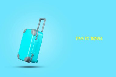 Mavi bavul. Mavi arka planda. Uzayı kopyala Seyahat geçmişi. Seyahatler. Seyahat için arka plan.