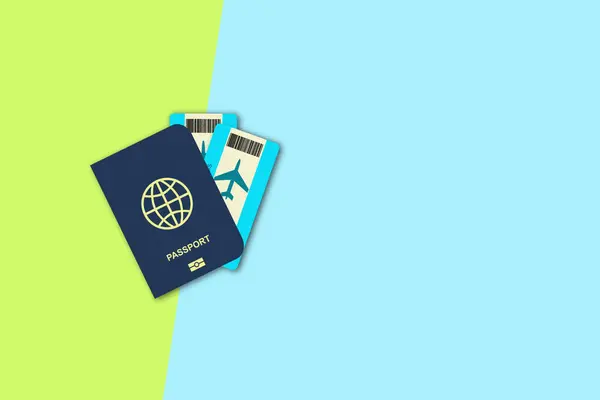 Travel concept. Passport with air-tickets on a blue- yellow background. Copy space. Travel background.