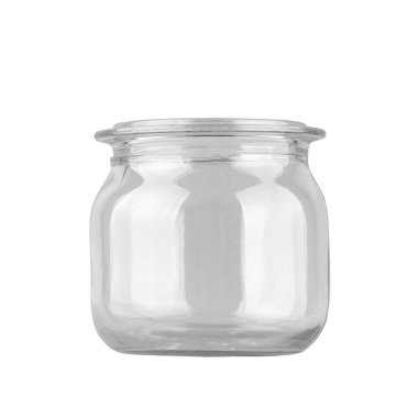 Beyaz arka planda izole edilmiş boş cam kavanoz. Mutfak için konteynırlar.