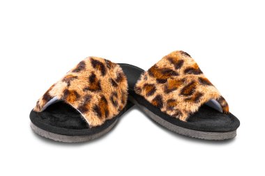 Leopar desenli ev kadınlarının terlikleri. Beyaz bir arka planda izole edilmiş. Güzellik ve moda objeleri.